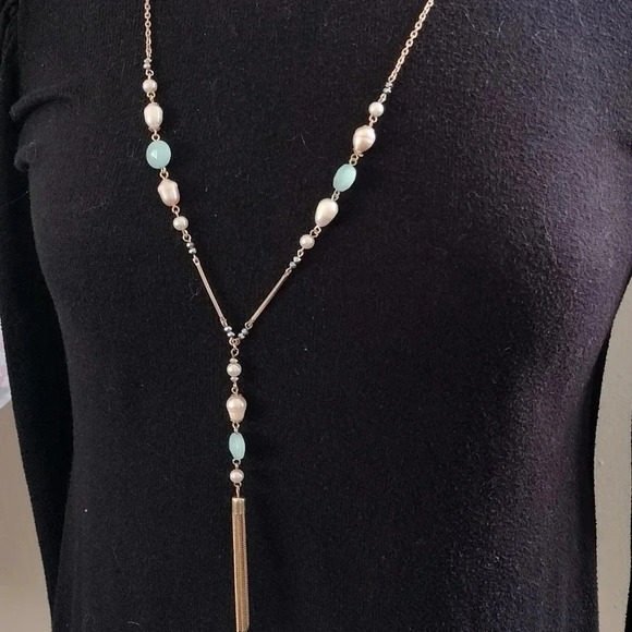 Gold tone Tassel Necklace Blue beads with light Pink champagne pearl - Picture 8 of 8